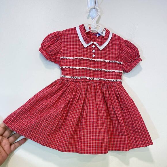 VTG Tiny Town Tots Red Plaid Dress Belted ,Peter Pan Collar, Cotton USA Made 3y - Picture 2 of 7
